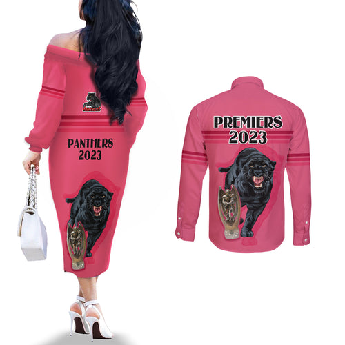 panther-premierships-couples-matching-off-the-shoulder-long-sleeve-dress-and-long-sleeve-button-shirts-go-champions-2023-pink-simple-style