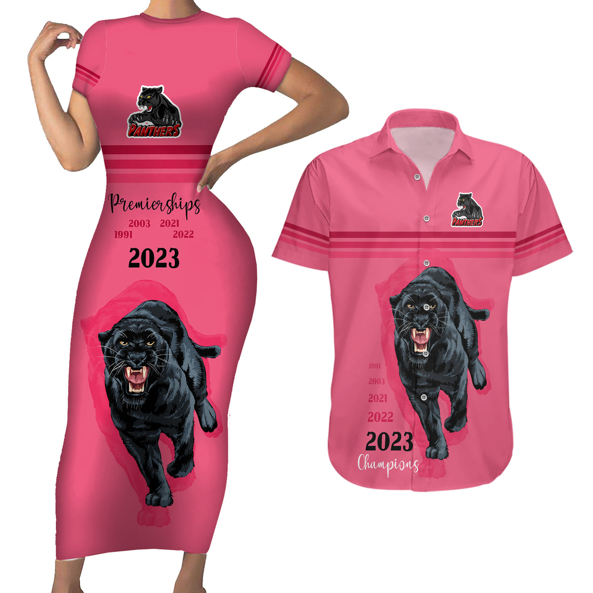 panther-premierships-couples-matching-short-sleeve-bodycon-dress-and-hawaiian-shirt-go-champions-2023-pink-simple-style