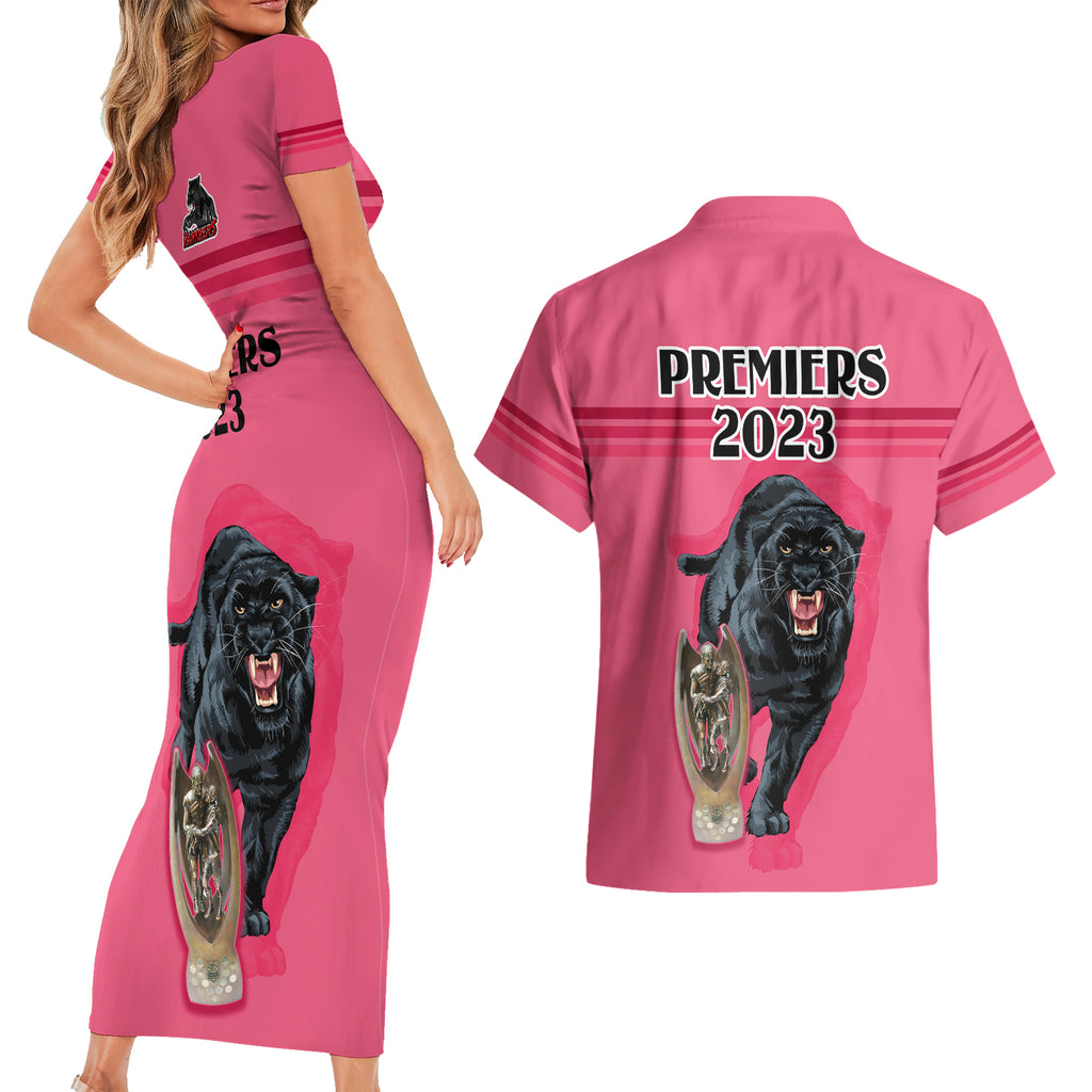 panther-premierships-couples-matching-short-sleeve-bodycon-dress-and-hawaiian-shirt-go-champions-2023-pink-simple-style