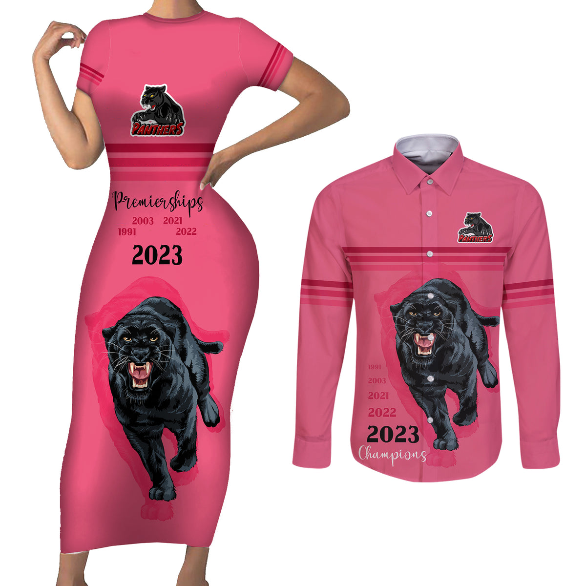 panther-premierships-couples-matching-short-sleeve-bodycon-dress-and-long-sleeve-button-shirts-go-champions-2023-pink-simple-style