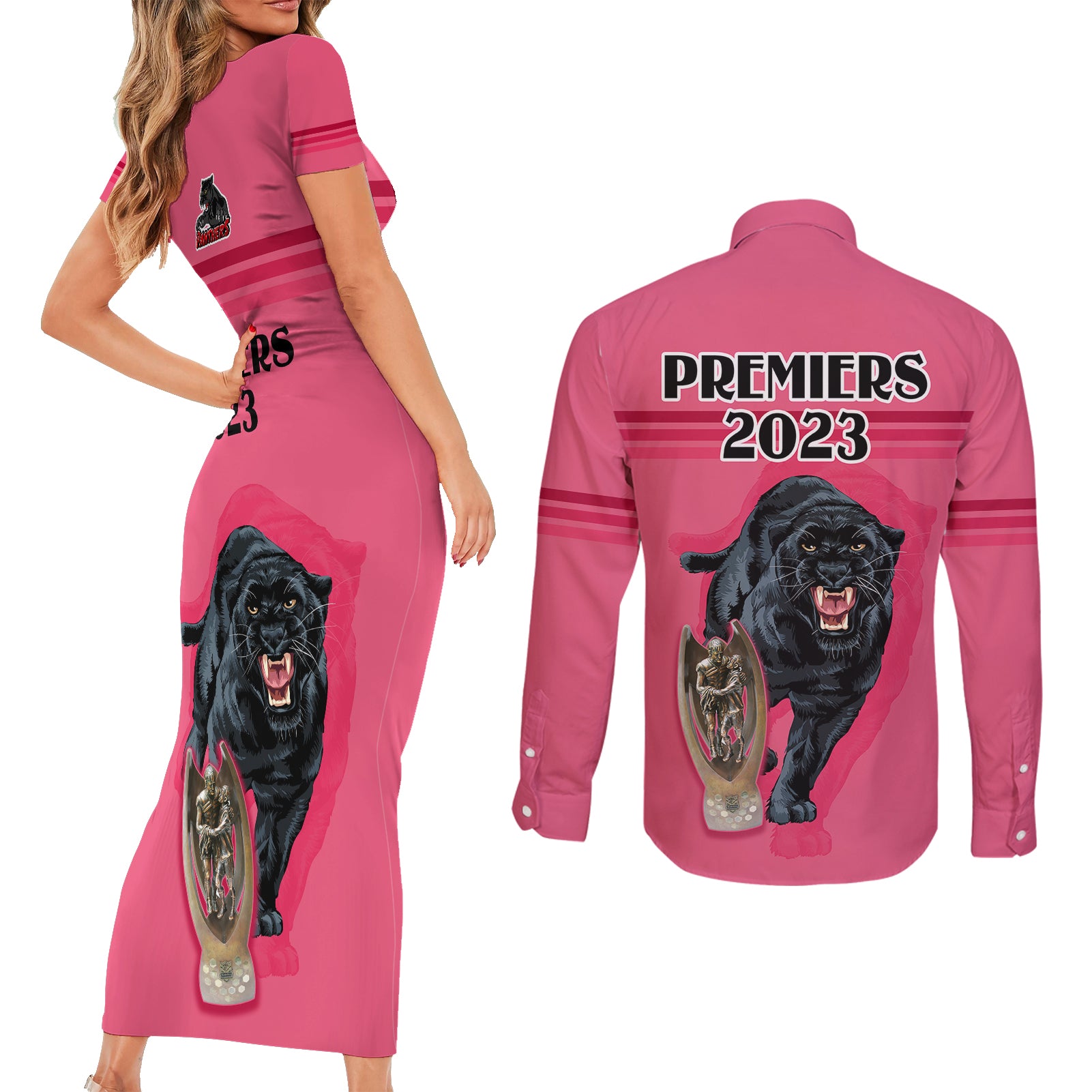 panther-premierships-couples-matching-short-sleeve-bodycon-dress-and-long-sleeve-button-shirts-go-champions-2023-pink-simple-style