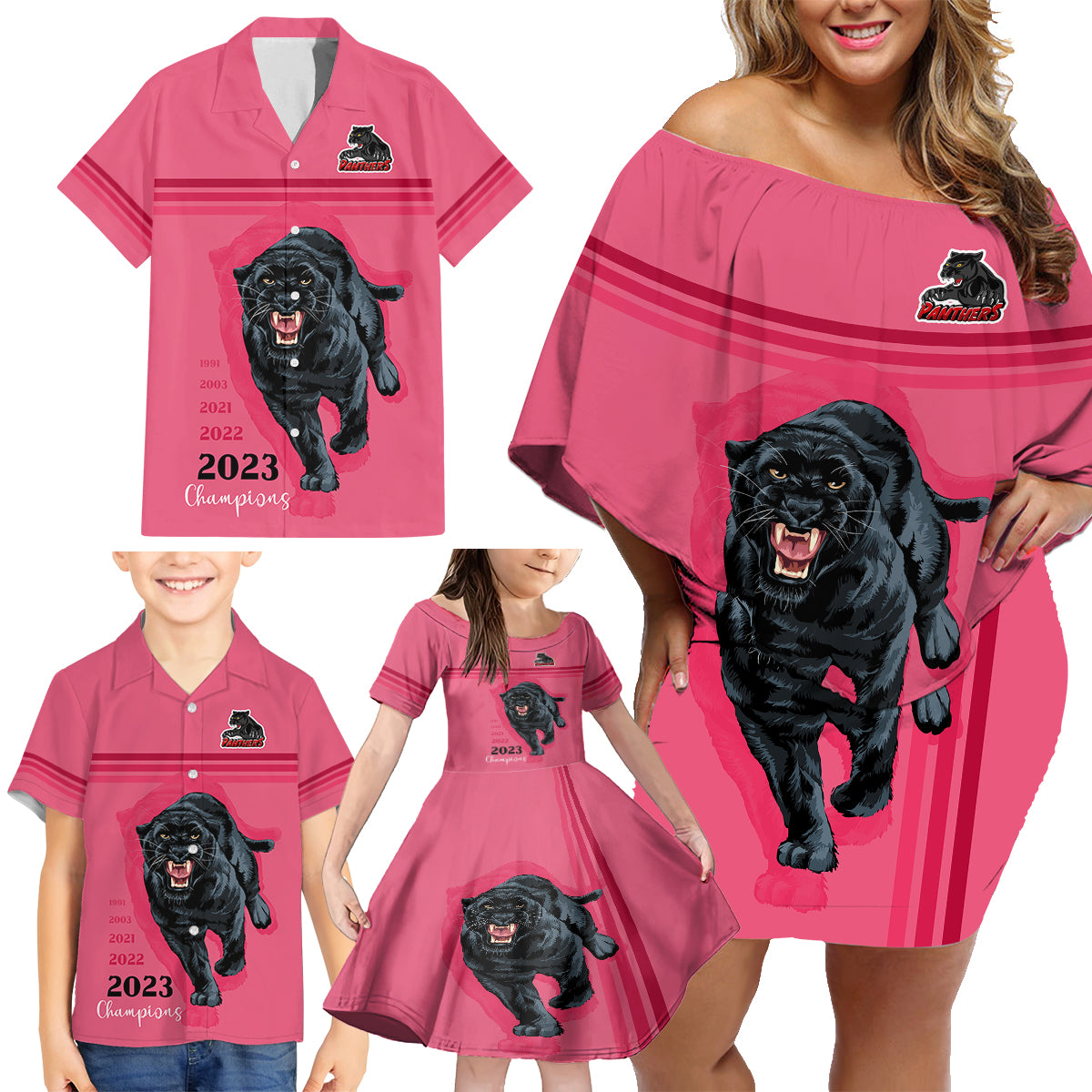 panther-premierships-family-matching-off-shoulder-short-dress-and-hawaiian-shirt-go-champions-2023-pink-simple-style