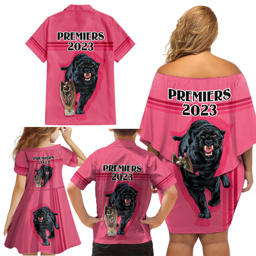 panther-premierships-family-matching-off-shoulder-short-dress-and-hawaiian-shirt-go-champions-2023-pink-simple-style