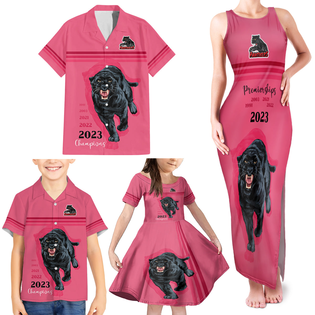panther-premierships-family-matching-tank-maxi-dress-and-hawaiian-shirt-go-champions-2023-pink-simple-style