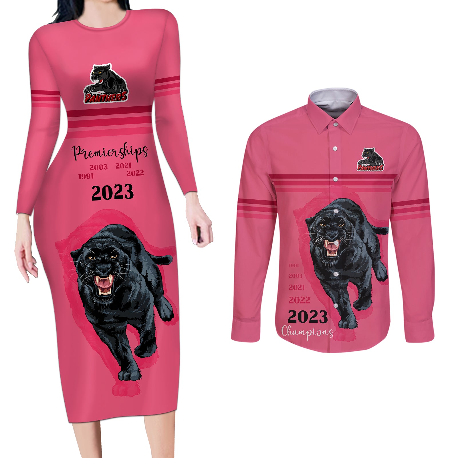 custom-panther-premierships-couples-matching-long-sleeve-bodycon-dress-and-long-sleeve-button-shirts-go-champions-2023-pink-simple-style