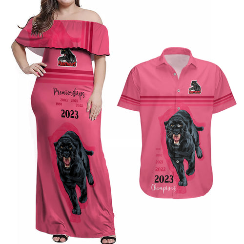 custom-panther-premierships-couples-matching-off-shoulder-maxi-dress-and-hawaiian-shirt-go-champions-2023-pink-simple-style