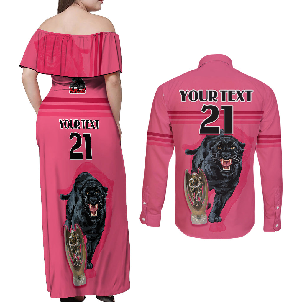 custom-panther-premierships-couples-matching-off-shoulder-maxi-dress-and-long-sleeve-button-shirts-go-champions-2023-pink-simple-style