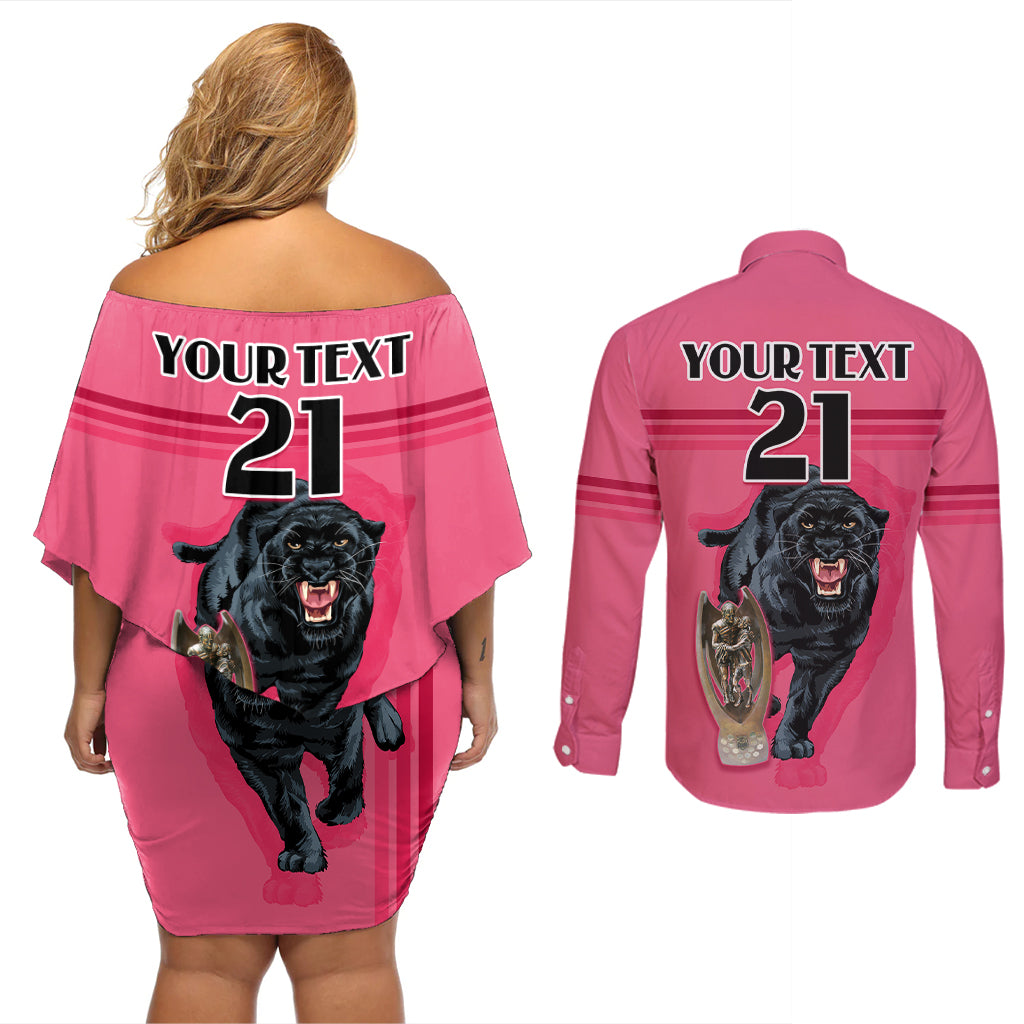 custom-panther-premierships-couples-matching-off-shoulder-short-dress-and-long-sleeve-button-shirts-go-champions-2023-pink-simple-style
