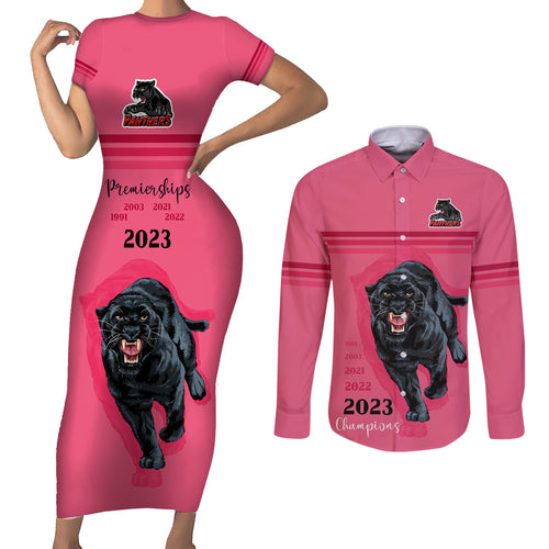 custom-panther-premierships-couples-matching-short-sleeve-bodycon-dress-and-long-sleeve-button-shirts-go-champions-2023-pink-simple-style