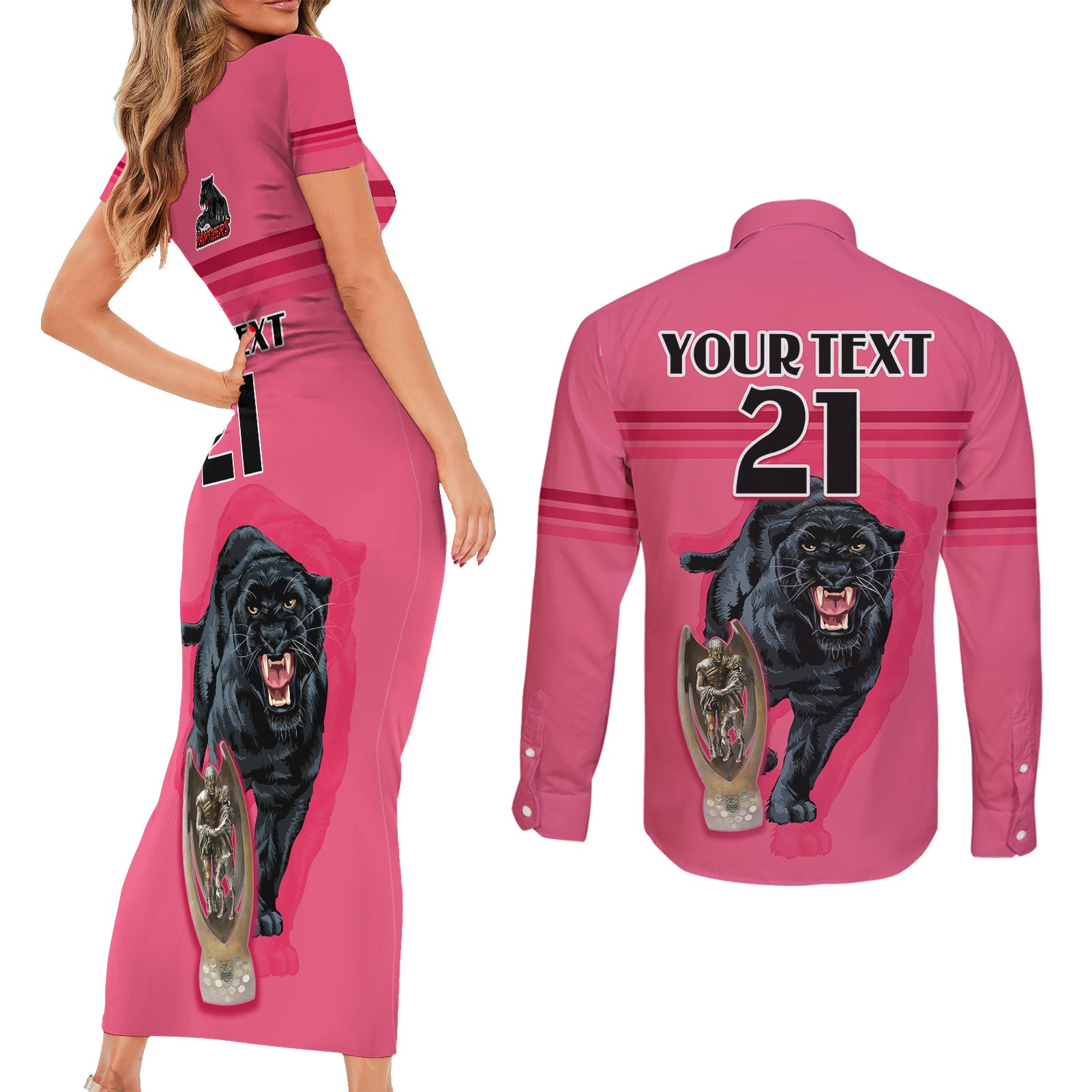 custom-panther-premierships-couples-matching-short-sleeve-bodycon-dress-and-long-sleeve-button-shirts-go-champions-2023-pink-simple-style