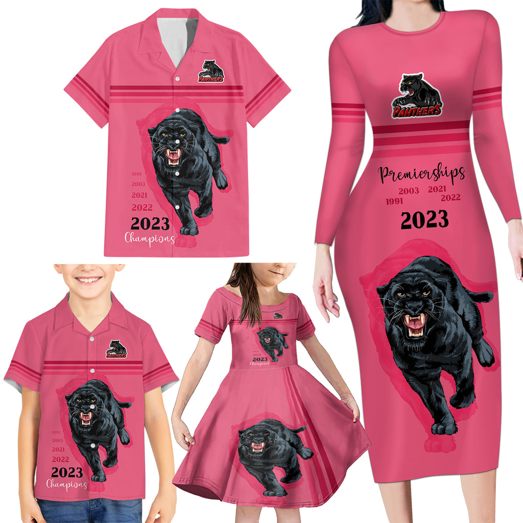 custom-panther-premierships-family-matching-long-sleeve-bodycon-dress-and-hawaiian-shirt-go-champions-2023-pink-simple-style