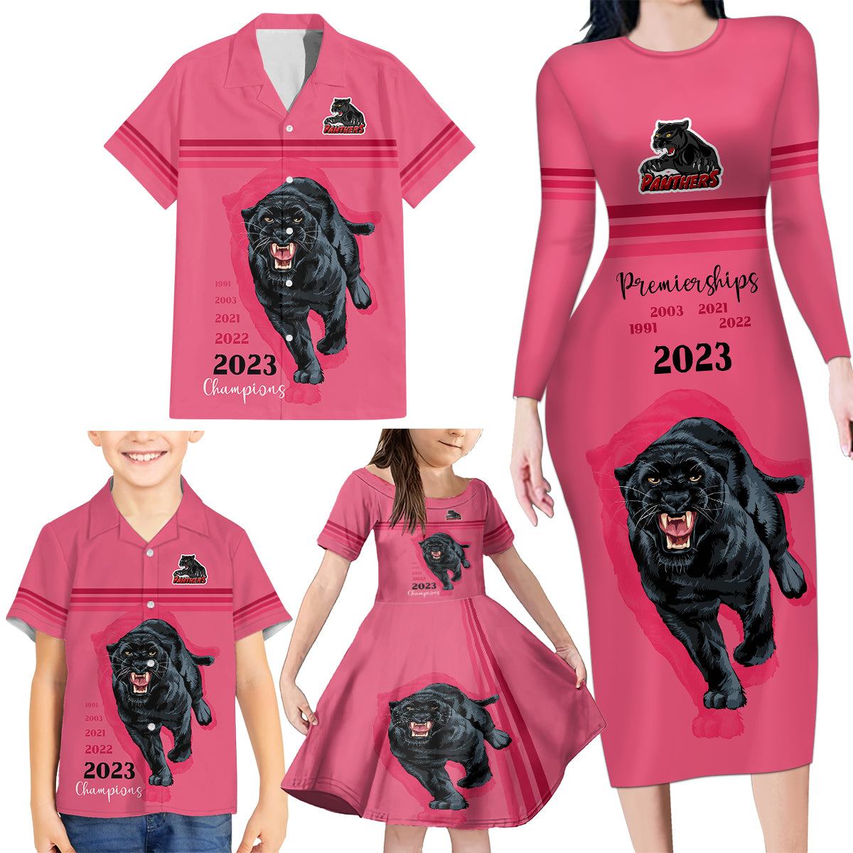 custom-panther-premierships-family-matching-long-sleeve-bodycon-dress-and-hawaiian-shirt-go-champions-2023-pink-simple-style
