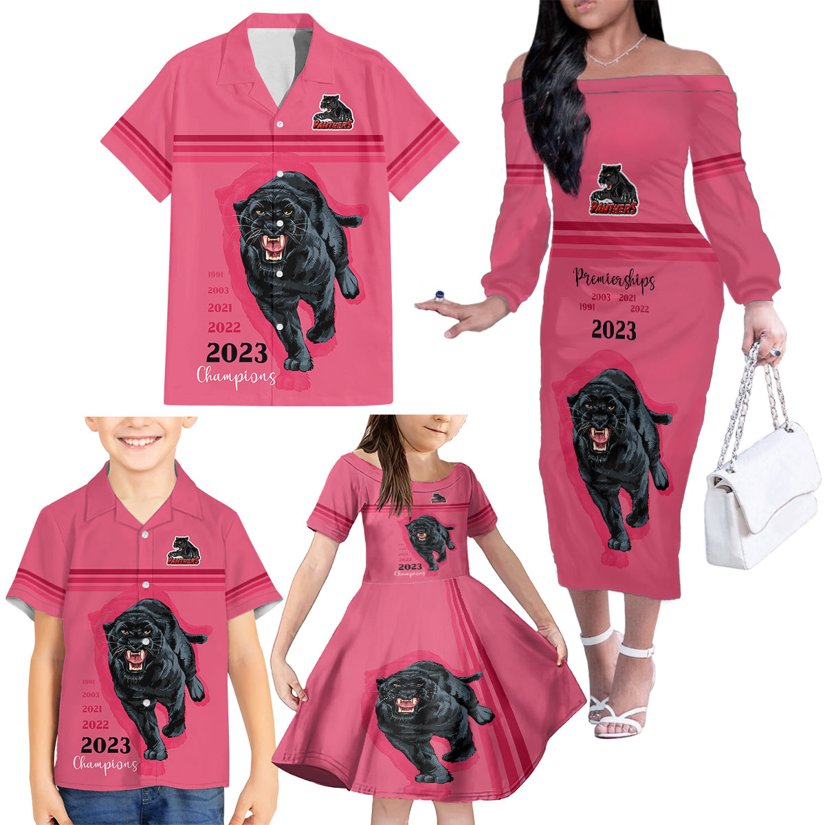 custom-panther-premierships-family-matching-off-shoulder-long-sleeve-dress-and-hawaiian-shirt-go-champions-2023-pink-simple-style