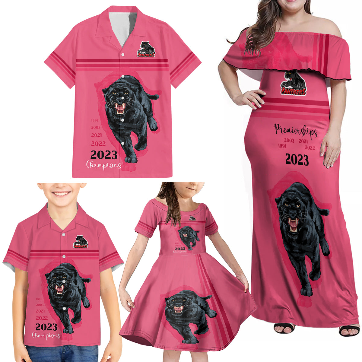 custom-panther-premierships-family-matching-off-shoulder-maxi-dress-and-hawaiian-shirt-go-champions-2023-pink-simple-style