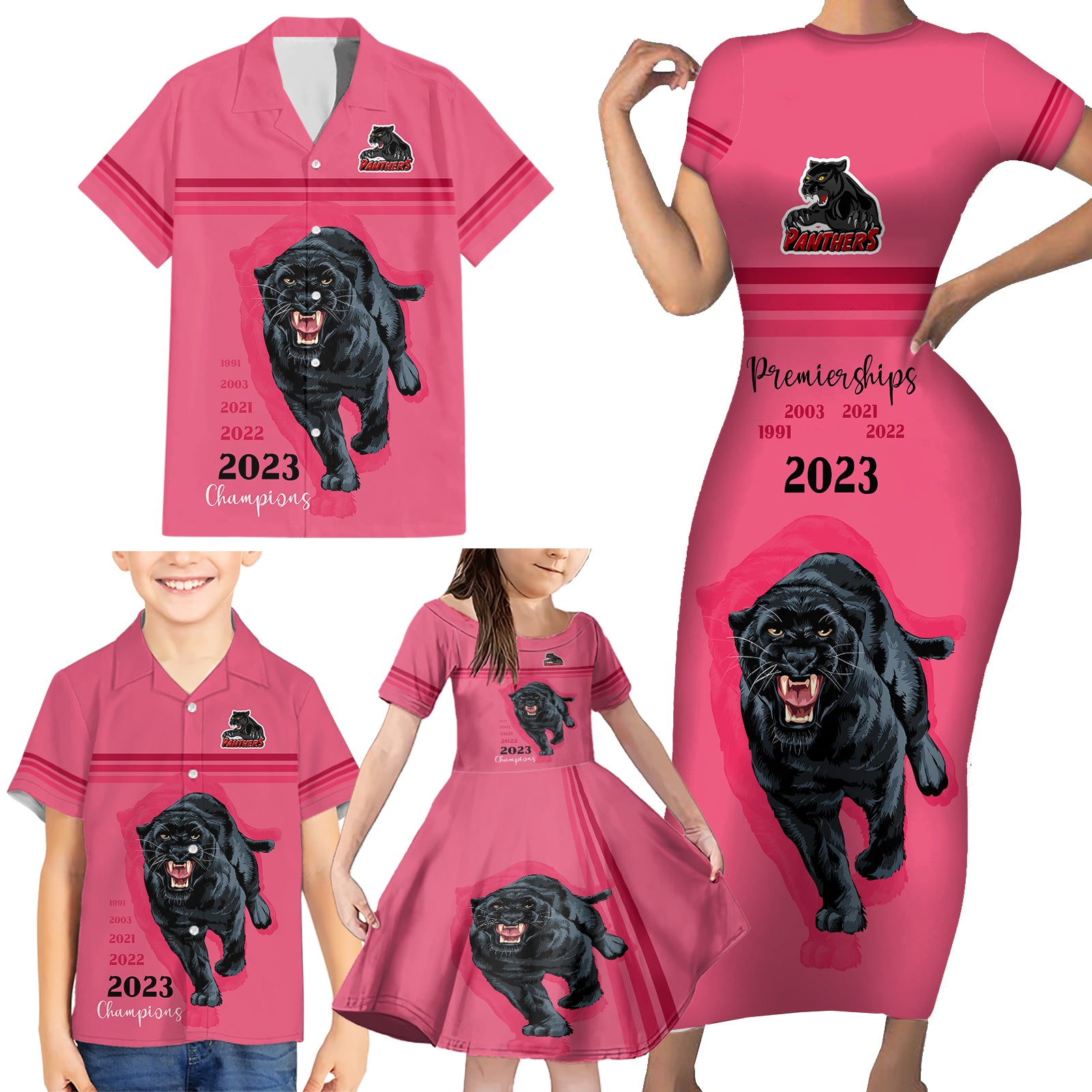 custom-panther-premierships-family-matching-short-sleeve-bodycon-dress-and-hawaiian-shirt-go-champions-2023-pink-simple-style