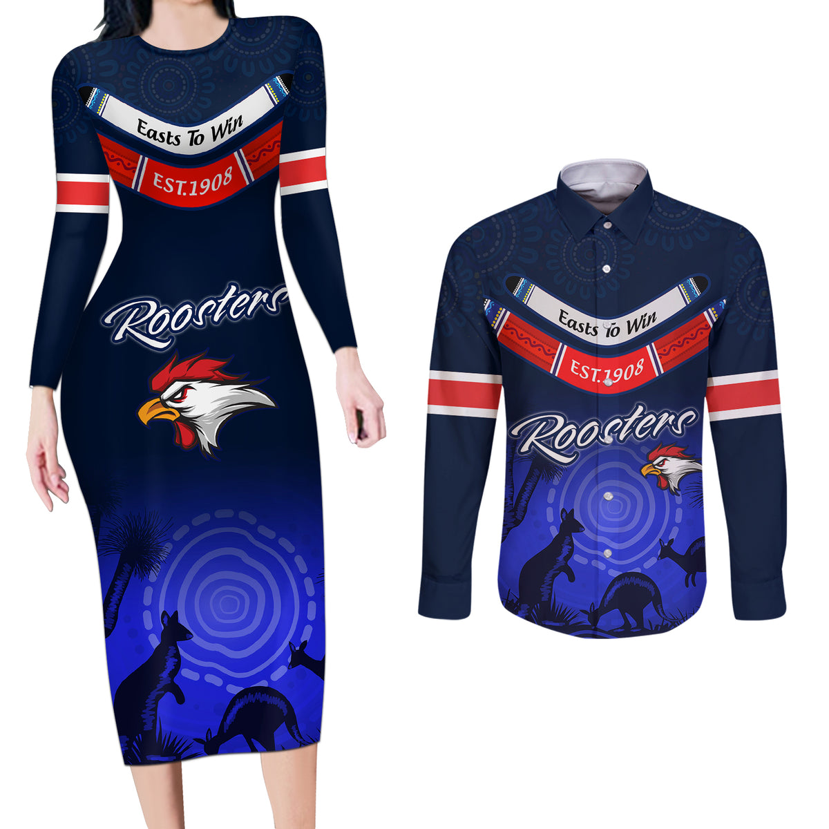 custom-rosster-easts-to-win-couples-matching-long-sleeve-bodycon-dress-and-long-sleeve-button-shirts-sydney-rugby-est-1908-boomerang-indeginous