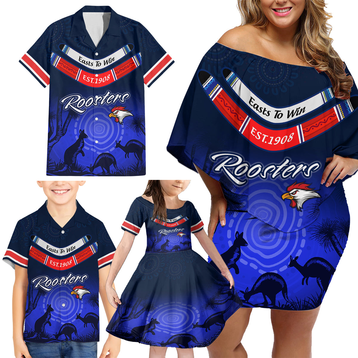 custom-rosster-easts-to-win-family-matching-off-shoulder-short-dress-and-hawaiian-shirt-sydney-rugby-est-1908-boomerang-indeginous