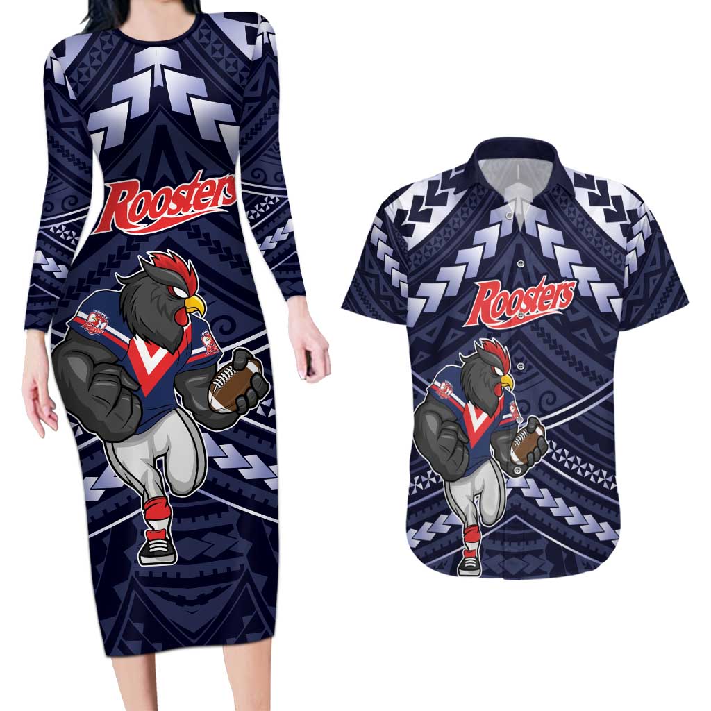 Custom Roosters Rugby Polynesian Tribal Couples Matching Long Sleeve Bodycon Dress and Hawaiian Shirt
