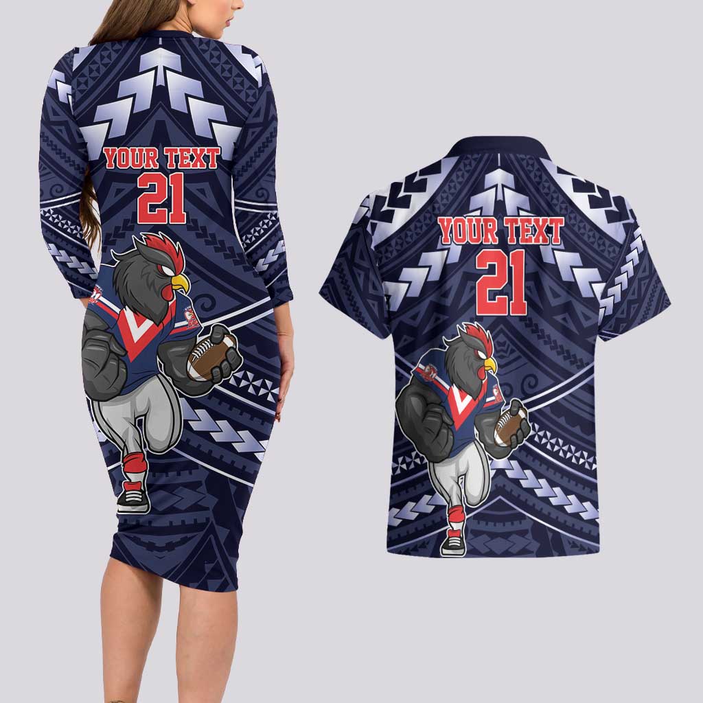 Custom Roosters Rugby Polynesian Tribal Couples Matching Long Sleeve Bodycon Dress and Hawaiian Shirt