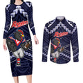Custom Roosters Rugby Polynesian Tribal Couples Matching Long Sleeve Bodycon Dress and Long Sleeve Button Shirt