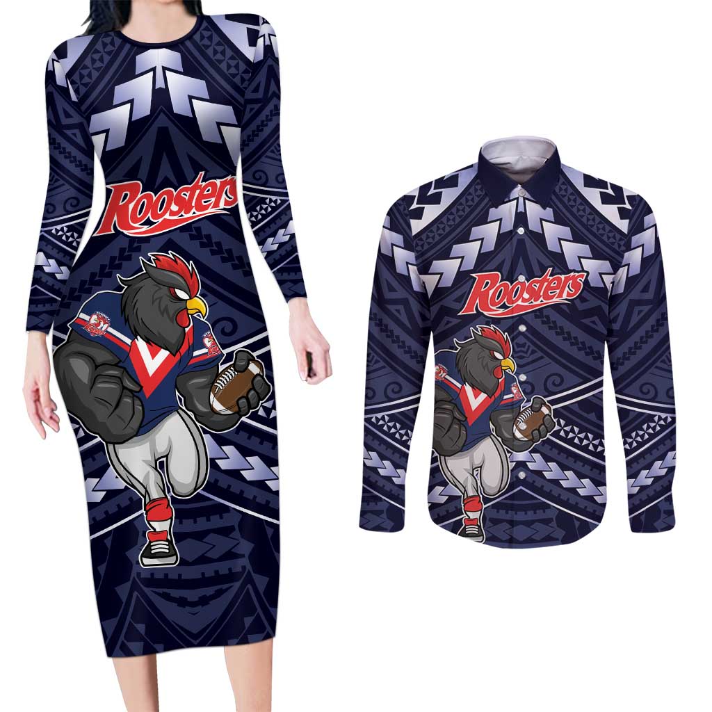 Custom Roosters Rugby Polynesian Tribal Couples Matching Long Sleeve Bodycon Dress and Long Sleeve Button Shirt