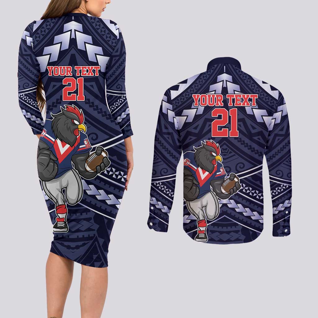 Custom Roosters Rugby Polynesian Tribal Couples Matching Long Sleeve Bodycon Dress and Long Sleeve Button Shirt
