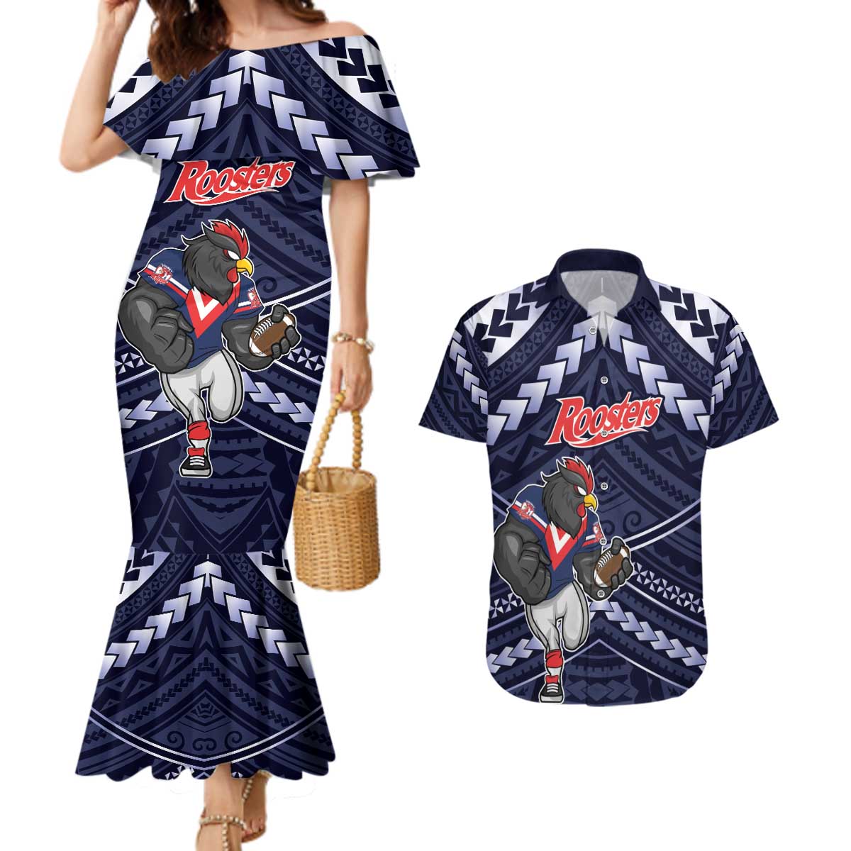 Custom Roosters Rugby Polynesian Tribal Couples Matching Mermaid Dress and Hawaiian Shirt