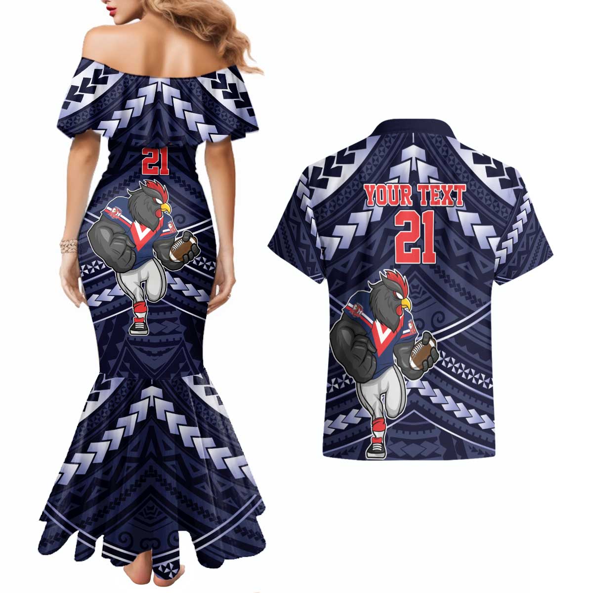 Custom Roosters Rugby Polynesian Tribal Couples Matching Mermaid Dress and Hawaiian Shirt