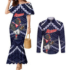 Custom Roosters Rugby Polynesian Tribal Couples Matching Mermaid Dress and Long Sleeve Button Shirt