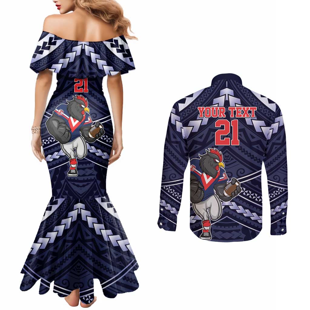 Custom Roosters Rugby Polynesian Tribal Couples Matching Mermaid Dress and Long Sleeve Button Shirt