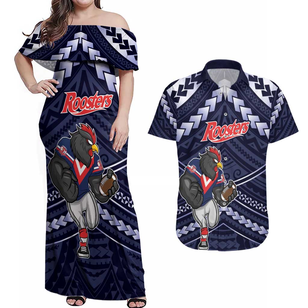 Custom Roosters Rugby Polynesian Tribal Couples Matching Off Shoulder Maxi Dress and Hawaiian Shirt