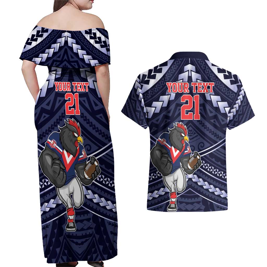 Custom Roosters Rugby Polynesian Tribal Couples Matching Off Shoulder Maxi Dress and Hawaiian Shirt