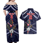 Custom Roosters Rugby Polynesian Tribal Couples Matching Off Shoulder Maxi Dress and Hawaiian Shirt