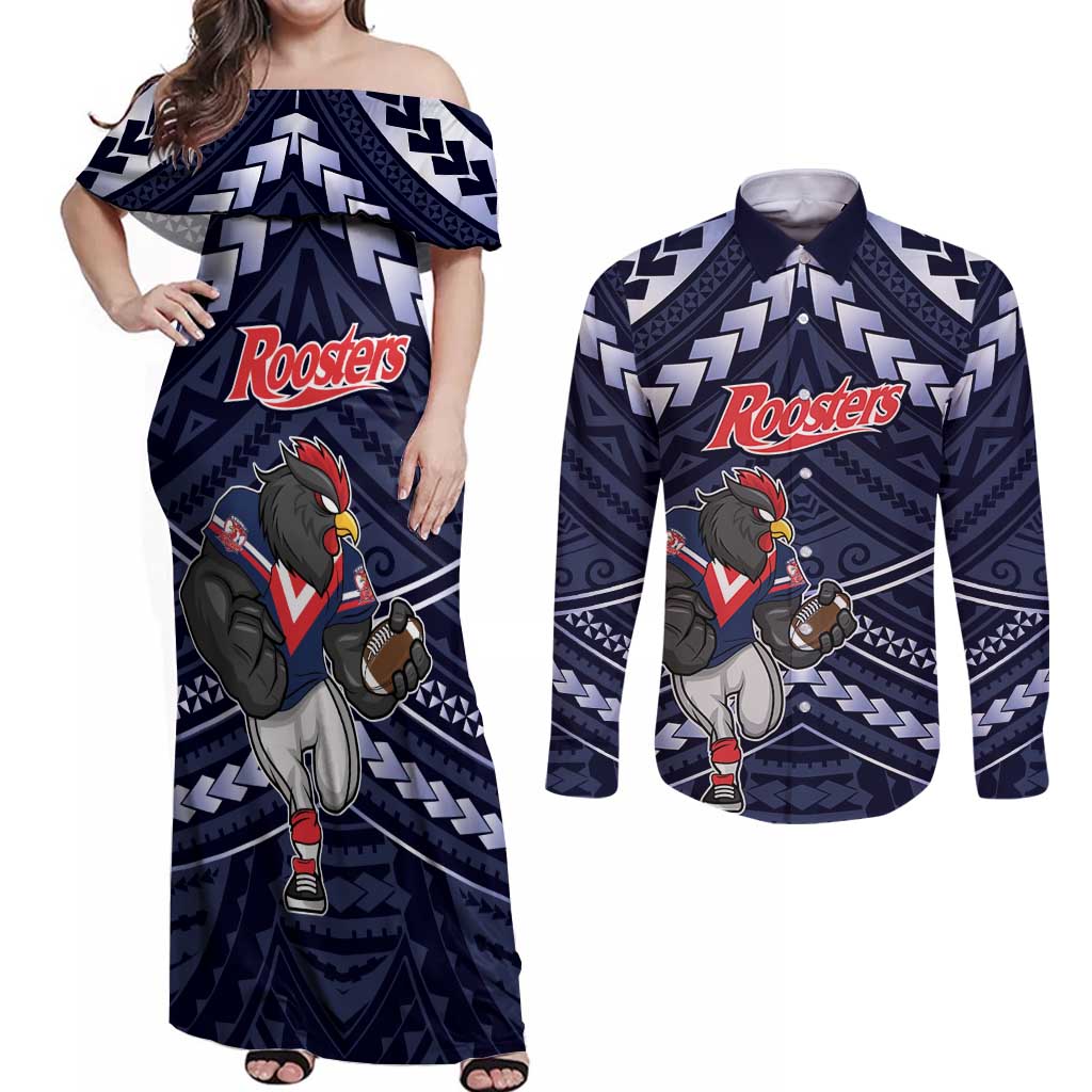 Custom Roosters Rugby Polynesian Tribal Couples Matching Off Shoulder Maxi Dress and Long Sleeve Button Shirt