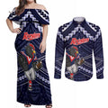 Custom Roosters Rugby Polynesian Tribal Couples Matching Off Shoulder Maxi Dress and Long Sleeve Button Shirt