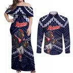 Custom Roosters Rugby Polynesian Tribal Couples Matching Off Shoulder Maxi Dress and Long Sleeve Button Shirt