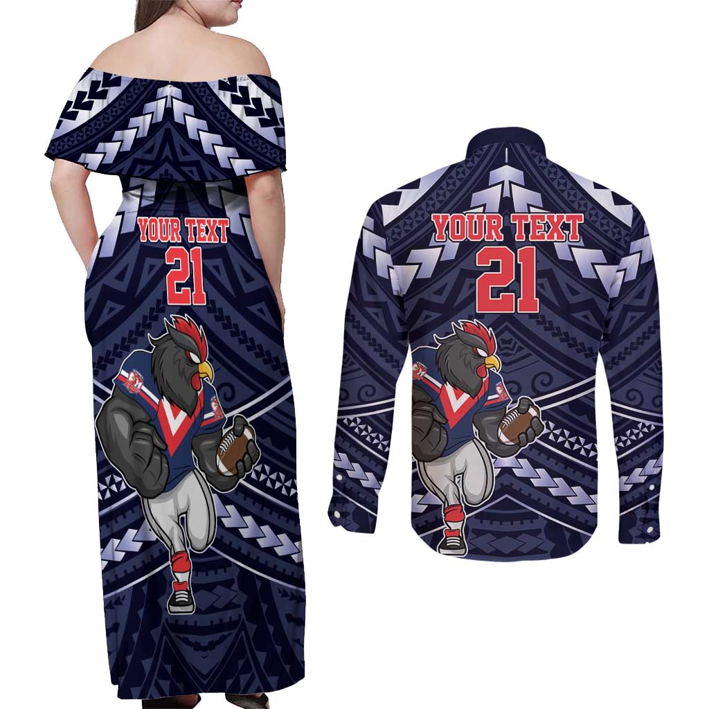 Custom Roosters Rugby Polynesian Tribal Couples Matching Off Shoulder Maxi Dress and Long Sleeve Button Shirt
