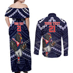 Custom Roosters Rugby Polynesian Tribal Couples Matching Off Shoulder Maxi Dress and Long Sleeve Button Shirt