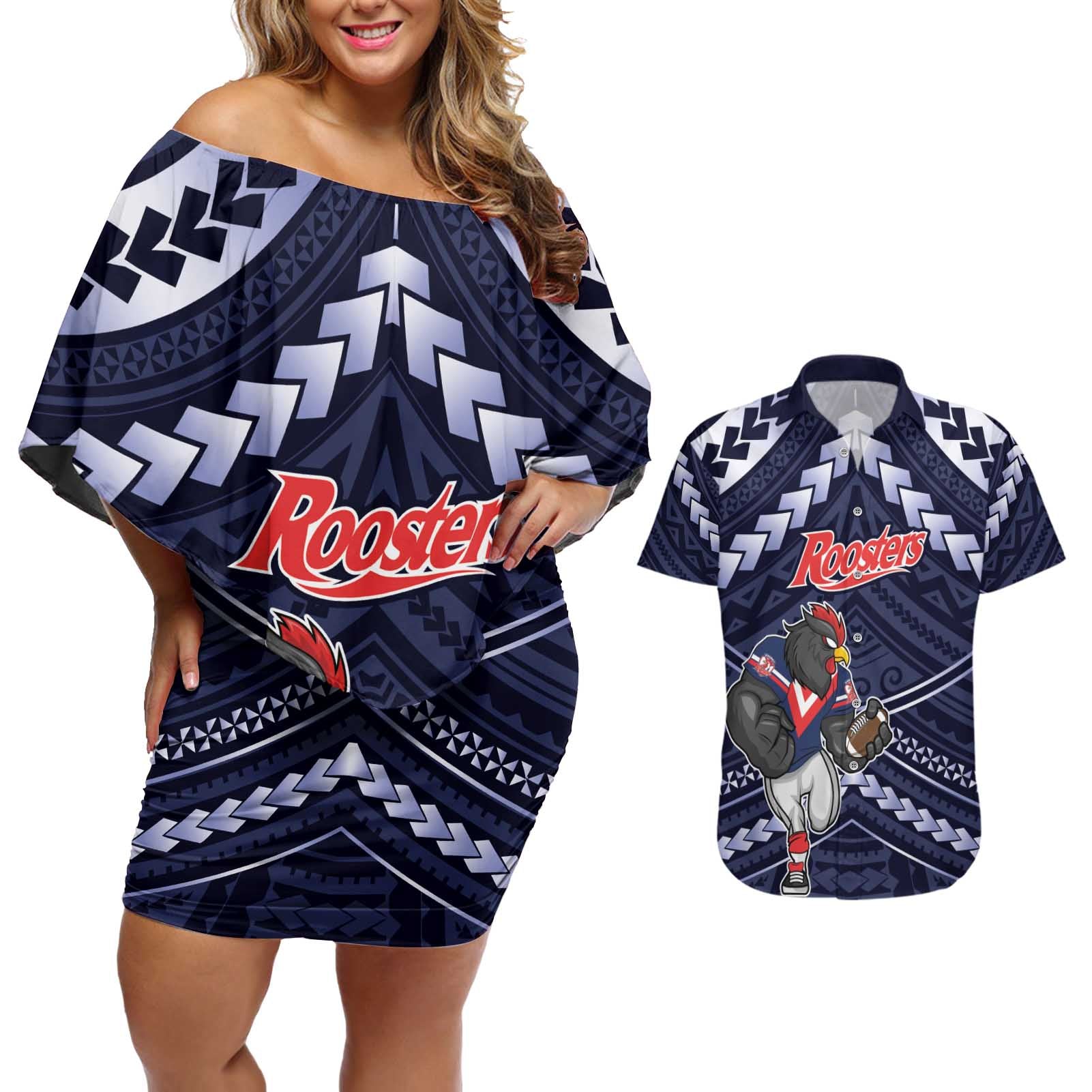 Custom Roosters Rugby Polynesian Tribal Couples Matching Off Shoulder Short Dress and Hawaiian Shirt