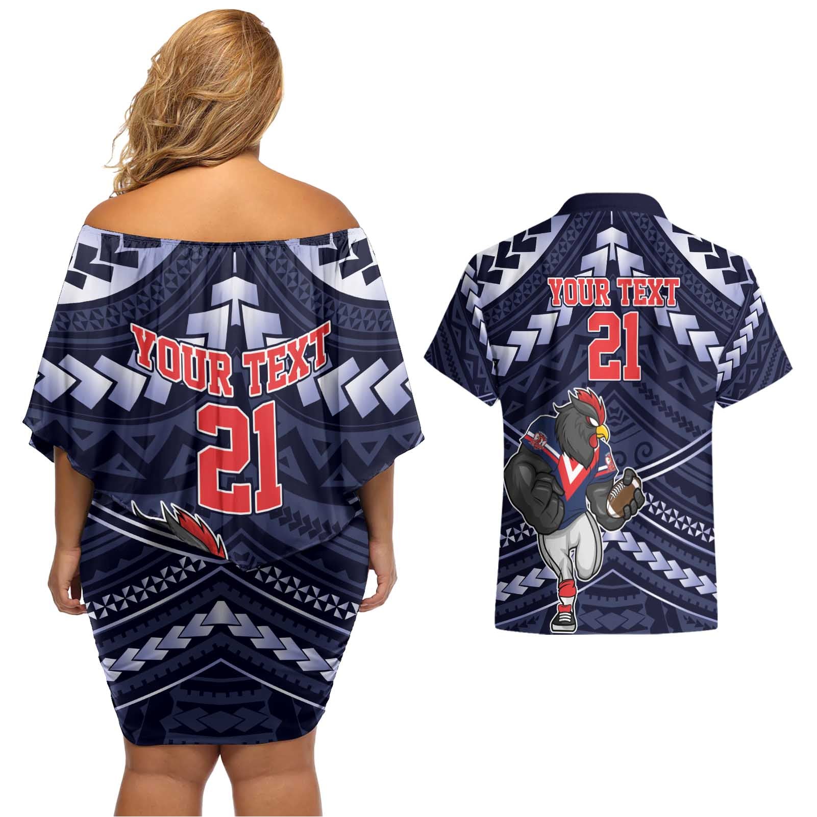 Custom Roosters Rugby Polynesian Tribal Couples Matching Off Shoulder Short Dress and Hawaiian Shirt