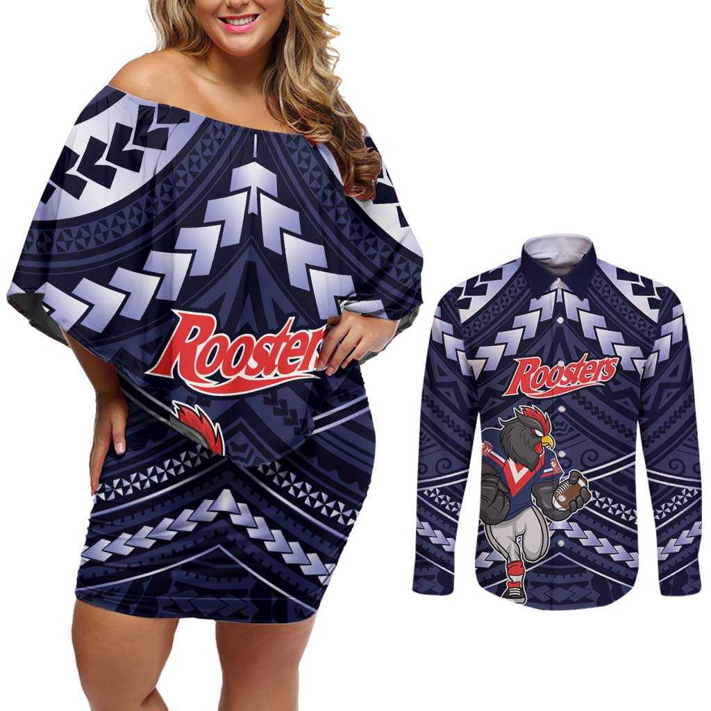 Custom Roosters Rugby Polynesian Tribal Couples Matching Off Shoulder Short Dress and Long Sleeve Button Shirt