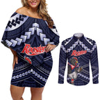 Custom Roosters Rugby Polynesian Tribal Couples Matching Off Shoulder Short Dress and Long Sleeve Button Shirt
