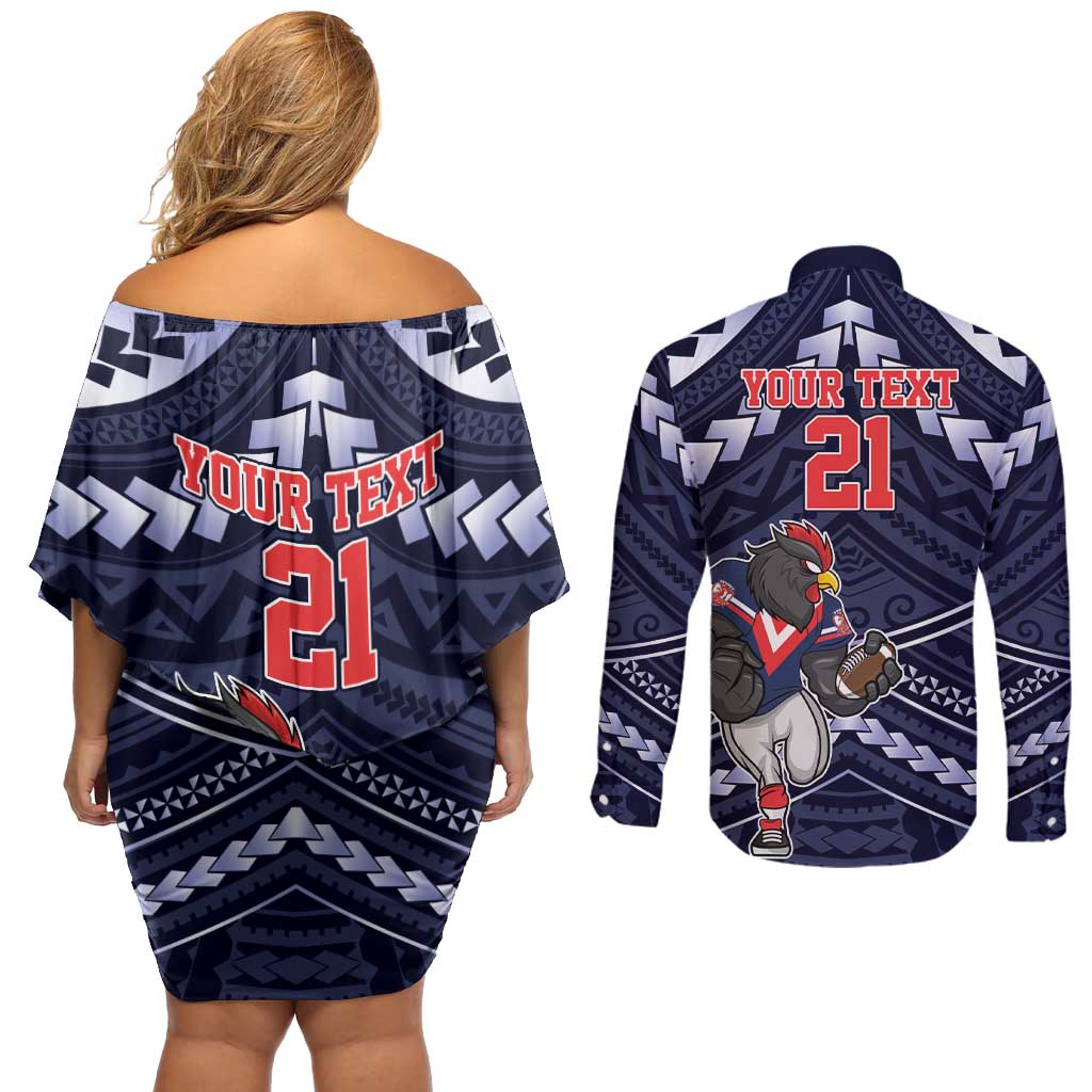 Custom Roosters Rugby Polynesian Tribal Couples Matching Off Shoulder Short Dress and Long Sleeve Button Shirt