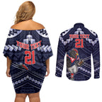 Custom Roosters Rugby Polynesian Tribal Couples Matching Off Shoulder Short Dress and Long Sleeve Button Shirt