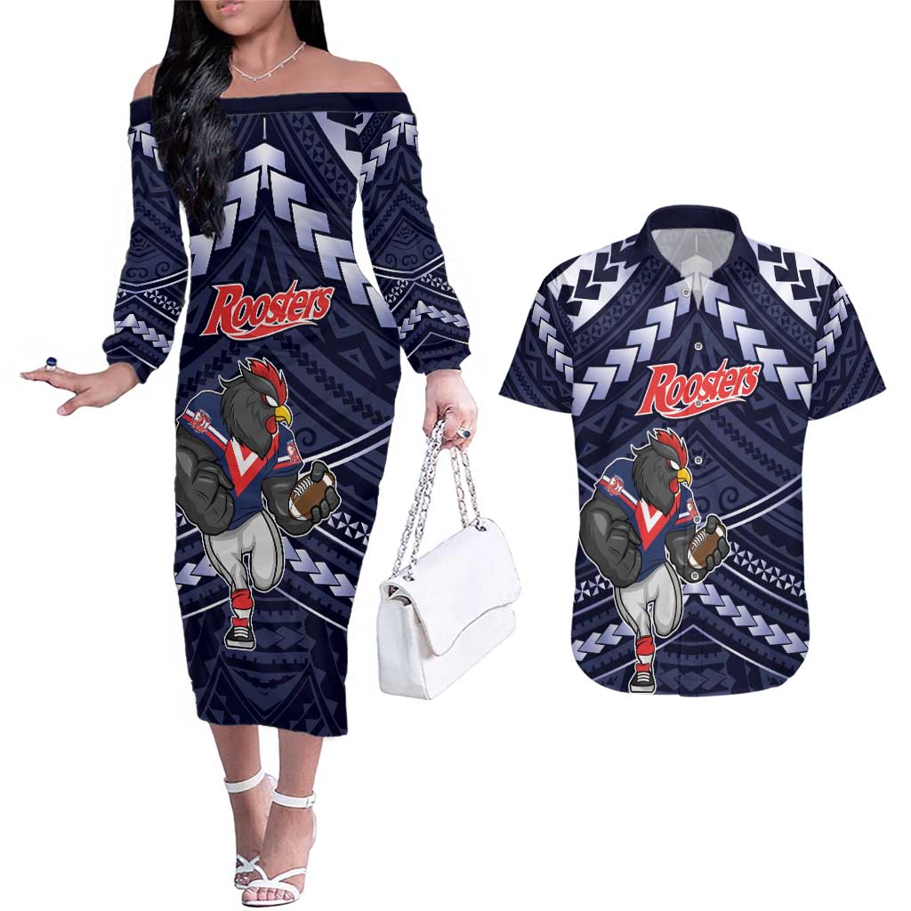 Custom Roosters Rugby Polynesian Tribal Couples Matching Off The Shoulder Long Sleeve Dress and Hawaiian Shirt