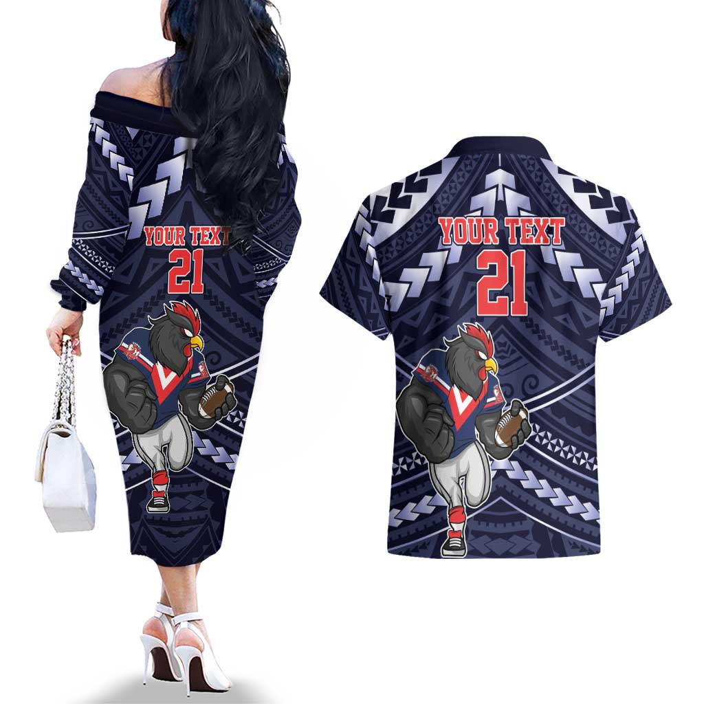 Custom Roosters Rugby Polynesian Tribal Couples Matching Off The Shoulder Long Sleeve Dress and Hawaiian Shirt