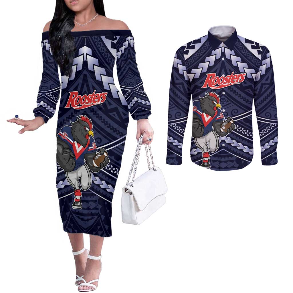 Custom Roosters Rugby Polynesian Tribal Couples Matching Off The Shoulder Long Sleeve Dress and Long Sleeve Button Shirt