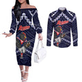 Custom Roosters Rugby Polynesian Tribal Couples Matching Off The Shoulder Long Sleeve Dress and Long Sleeve Button Shirt