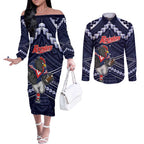 Custom Roosters Rugby Polynesian Tribal Couples Matching Off The Shoulder Long Sleeve Dress and Long Sleeve Button Shirt