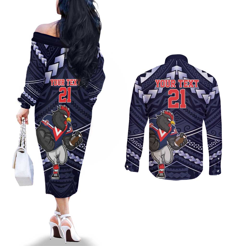 Custom Roosters Rugby Polynesian Tribal Couples Matching Off The Shoulder Long Sleeve Dress and Long Sleeve Button Shirt